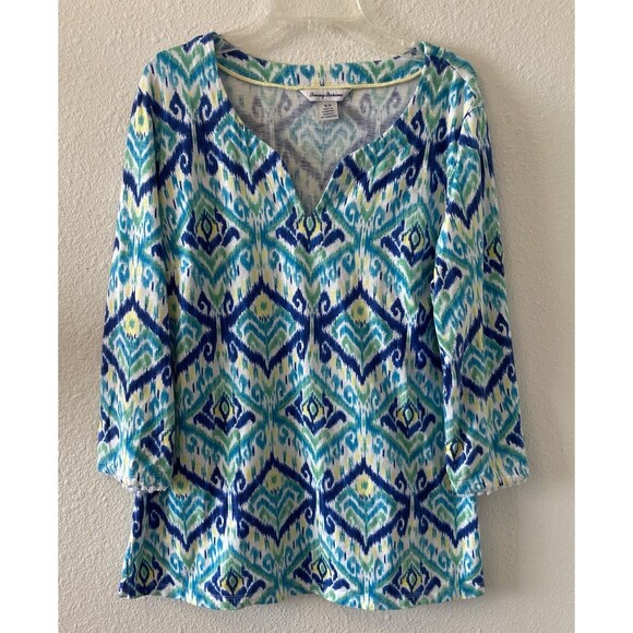 Tommy Bahama Tops - Tommy Bahama Women's Tunic Top Imali Ikat Kiera Blue Green 3/4 Sleeves Size Sm